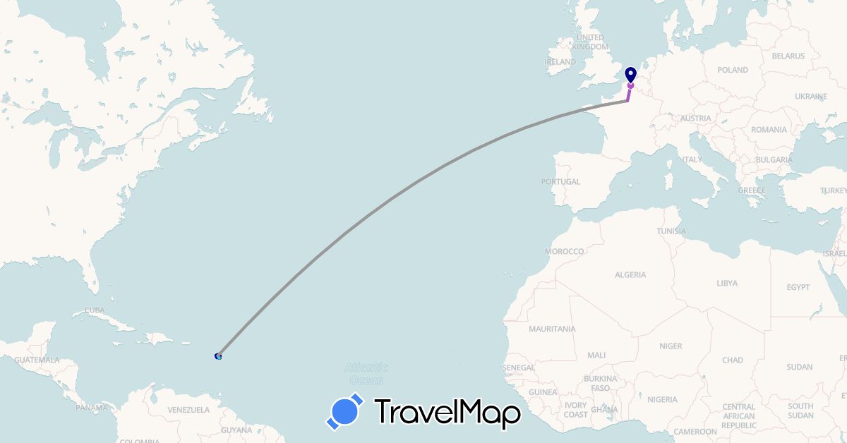 TravelMap itinerary: driving, bus, plane, train, hiking, boat, hitchhiking, motorbike, electric vehicle in France, Guadeloupe (Europe, North America)